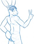 anthro butt eyewear eyewear_on_head gesture goggles goggles_on_head hand_gesture looking_at_viewer male narrowed_eyes neck_tuft nude simple_background smile solo standing teeth tuft v_sign bucklebunny lagomorph leporid mammal rabbit hi_res monochrome sketch