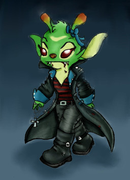 accessory alternative_fashion antennae_(anatomy) anthro belt blood bodily_fluids boots bottomwear bow_(feature) bow_accessory bow_ribbon brown_nose cape clothing costume eyebrows fangs female fingers footwear fur green_body green_fur green_hair hair hair_accessory hair_bow hair_ribbon jewelry multicolored_antennae multicolored_body multicolored_fur necklace pants punk red_eyes ribbons ring semi-anthro shirt shoes tan_body tan_fur teeth topwear walking boonieboo0 disney lilo_and_stitch bonnie_(lilo_and_stitch) alien experiment_(lilo_and_stitch) vampire 2012 hi_res
