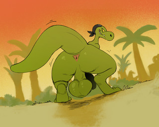 anthro anus balls bare_shoulders belly bending_down big_balls big_butt big_penis biped butt claws detailed_background fangs flirting forest genitals green_body half-erect jungle looking_back male mostly_nude palm_tree penis pink_anus plant presenting presenting_anus presenting_hindquarters saggy_balls shrub smile snout solo tail teeth thick_tail tree wide_hips yellow_eyes daftpatriot eek!_the_cat fox_kids nelvana the_terrible_thunderlizards squatt_(the_terrible_thunderlizards) allosaurid allosauroid allosaurus dinosaur prehistoric_species reptile saurischian scalie theropod