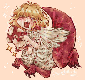 3_toes 5_fingers arms_bent blonde_hair blush brown_claws chibi claws duo feathered_wings feathers feet feral fingers fungus hair holding_another looking_at_viewer messy_hair mushroom one_eye_closed open_mouth pose quadruped red_body red_scales scales short_hair short_tail simple_background star_polygon tail tan_background tan_body tan_feathers tapering_tail teeth thick_tail toes tongue wing_claws wings yellow_eyes flowerchildvoid delicious_in_dungeon mythology falin_touden avian avian_taur dragon dragon_taur elemental_creature fungi_fauna humanoid_taur hybrid mythological_creature mythological_scalie scalie taur 2026 colored_line_art digital_media_(artwork) digital_painting_(artwork) full-length_portrait hi_res painting_(artwork) portrait shaded signature soft_shading watermark