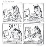 2014 4koma absurd_res anne_barnetson base_two_layout black_nose book box canid canine canis comic container customer_service_wolf exclamation_point feral four_frame_image grid_layout hi_res mammal onomatopoeia snout solo sound_effects text traditional_media_(artwork) two_row_layout wolf