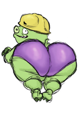 all_fours anthro armor big_butt black_eyes butt clothing curled_tail green_body green_nose green_skin green_tail hard_hat headgear helmet hooves looking_at_viewer looking_back male purple_clothing purple_underwear rear_view simple_background smile solo tail teeth thick_thighs underwear white_background yellow_helmet filthyopossum angry_birds rovio_entertainment sega domestic_pig mammal pig_(angry_birds) suid suine sus_(pig) 2026 digital_media_(artwork) hi_res