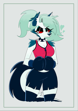 absolute_territory anthro big_breasts black_bottomwear black_clothing black_eyeshadow black_shorts border bottomwear boxing_attire boxing_gloves breasts cleavage clothed clothed_anthro clothed_female clothing collar eyeshadow female fur green_hair hair handwear heart_symbol legwear makeup midriff notched_ear ponytail pose pupils red_clothing red_sclera red_topwear shorts simple_background slit_pupils solo spiked_collar spikes tail thigh_highs topwear white_body white_eyes white_fur starpaintart hellaverse helluva_boss mythology loona_(helluva_boss) canid canid_demon canine demon hellhound mammal mythological_canine mythological_creature 2024 hi_res portrait three-quarter_portrait