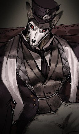 anthro bone clothed clothed_anthro clothed_male clothing eye_scar facial_scar hat headgear headwear male red_eyes scar skull skull_head solo top_hat usa_kotobuki monster absurd_res colored hi_res