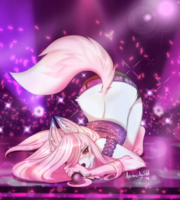 anthro ass_up bent_over bottomwear clothed clothing detailed_background electronics female fluffy fluffy_tail fur hair head_markings japanese_idol long_hair looking_at_viewer markings microphone midriff multicolored_body multicolored_fur multicolored_hair pink_body pink_fur pink_hair rear_view red_eyes shorts smile solo tail topwear white_body white_fur animacityidol brand_new_animal studio_trigger nazuna_hiwatashi canid canine fox mammal 2020 hi_res