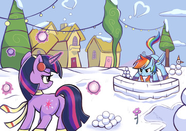 blue_body boots building butt clothing cloud cutie_mark duo earmuffs feathered_wings feathers female feral flower footwear hair horn house looking_at_another magic multicolored_hair outside plant purple_body rainbow_hair scarf shoes snow snow_fort snowball snowball_fight snowman string_lights wings winter_hat klaus_monteiro friendship_is_magic hasbro my_little_pony mythology rainbow_dash_(mlp) twilight_sparkle_(mlp) equid equine mammal mythological_creature mythological_equine pegasus winged_unicorn hi_res