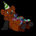 anthro clothing duo glowing happy hat headgear headwear lying on_front party_hat plushie size_difference teddy_bear kitradragonfox nafithebear nafeon ritzga bear canid canine canis domestic_dog mammal 1:1 absurd_res alpha_channel hi_res