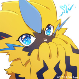 anthro black_body black_fur blue_eyes fur glowing glowing_eyes heart_symbol lightning_bolt male multicolored_body multicolored_fur ribbons simple_background solo tuft two_tone_body two_tone_fur white_sclera yellow_body yellow_fur atelier_rhyme nintendo pokemon pokemon_unite zephyr_(atelier_rhyme) generation_7_pokemon legendary_pokemon pokemon_(species) zeraora 1:1 2023 icon reaction_image