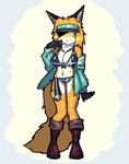 anthro blank_expression blue_eyes boots chest_tuft clothing expressionless female footwear gloves handwear hat headgear headwear jacket shoes simple_background solo swimwear topwear tuft purplenamako yaco_kitagawa canid canine canis fox mammal red_fox true_fox hi_res