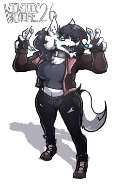 anthro blue_eyes blue_pawpads bottomwear chin_tuft clothing collar denim denim_bottomwear denim_clothing eyebrow_slit eyebrows facial_tuft female fingerless_gloves footwear fur gloves hair handwear high-angle_view jacket jeans lips looking_at_viewer midriff open_mouth pants pawpads purple_hair purple_nose shadow shoes simple_background solo teeth thick_eyebrows topwear torn_bottomwear torn_clothing torn_pants tuft white_background white_body white_fur yellow_sclera vividwolfe kira_mckenzie canid canine canis mammal wolf 2026 digital_drawing_(artwork) digital_media_(artwork) hi_res trans_(lore) trans_woman_(lore)