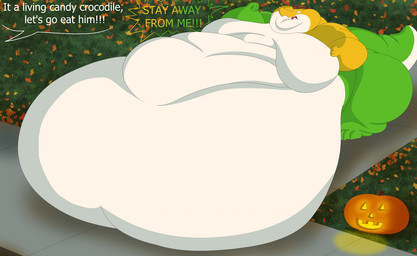 4_fingers angry anthro belly big_belly empty_eyes evening feet fingers food holidays huge_belly hyper hyper_belly jack-o'-lantern male moobs morbidly_obese morbidly_obese_anthro morbidly_obese_male multicolored_body obese obese_anthro obese_male open_mouth outside overweight overweight_anthro overweight_male red_tongue sharp_teeth sidewalk solo tail teeth text toes tongue bigwolf_(artist) glitch_productions halloween mythology the_amazing_digital_circus gummigoo_(tadc) crocodile crocodilian food_creature mythological_creature mythological_scalie reptile scalie english_text hi_res shaded