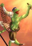 anthro bottomwear clothed clothing fantasy gladiator holding_net male net pants screaming solo throw_net topless warrior weapon bunnylace kobold reptile scalie absurd_res hi_res