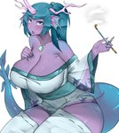 big_breasts blue_hair breasts cleavage clothed clothing colored_nails curvy_figure ear_fins female fin hair horn huge_breasts jewelry kiseru nails necklace purple_body purple_skin sharp_nails simple_background smoke smoking_pipe solo thick_thighs voluptuous white_background elijah_zx animal_humanoid humanoid marine marine_humanoid 2021