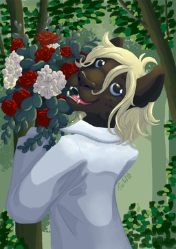 anthro blue_eyes bouquet clothed clothing detailed_background flower fur hair looking_at_viewer male open_mouth plant smile topwear tailel sebi felid leopard mammal pantherine absurd_res digital_media_(artwork) digital_painting_(artwork) hi_res painting_(artwork) shaded signature