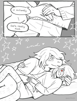 ambiguous_gender ambiguous_human anthro bed belly_rub blush blush_lines cellphone clothed clothed_ambiguous clothed_anthro clothed_female clothed_human clothing cuddling dialogue duo electronics female female/ambiguous freckled_face freckles furniture grey_background hand_on_chest holding_cellphone holding_object holding_phone holding_smartphone looking_at_another lying massage on_back on_bed on_side phone pillow red_eyes simple_background smartphone speech_bubble text the_end eepykeepy deltarune undertale_(series) kris_dreemurr susie_(deltarune) human mammal reptile scalie 2025 comic digital_drawing_(artwork) digital_media_(artwork) english_text hi_res monochrome signature