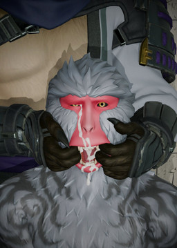anthro armor black_sclera bodily_fluids brown_body brown_fur claws cum cum_in_mouth cum_inside cum_on_face duo fur genital_fluids grey_body grey_fur looking_at_viewer male male/male pauldron red_body red_skin yellow_eyes enati_paraskevi epic_games fortnite hajime_(fortnite) kozaru_(fortnite) canid canine haplorhine japanese_macaque macaque mammal monkey old_world_monkey primate raccoon_dog tanuki 3d_(artwork) digital_media_(artwork) hi_res