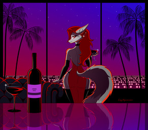 anthro clothing dress female grey_body lounge night red_clothing red_dress restaurant retro solo lazydynamisme canid canine fox mammal hi_res