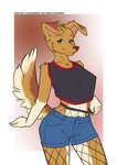 absurd_res bottomwear brown_body canid canine canis clothed clothing crop_top cutoffs denim denim_bottomwear denim_clothing digital_media_(artwork) domestic_dog female fishnet_clothing floppy_ears fluffy fluffy_tail fur green_eyes hi_res mammal pia_(utouchmyweird) shirt shorts solo tail topwear utouchmyweird