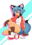 bottomwear breasts clothing female hair jacket open_mouth shorts sitting small_breasts solo topwear pandazar brand_new_animal studio_trigger michiru_kagemori canid canine mammal raccoon_dog tanuki hi_res