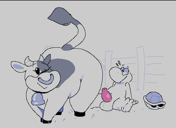 ambiguous_gender anthro anthro_on_feral balls beady_eyes bestiality black_eyes bodily_fluids cowbell dot_eyes duo erection eyebrows eyelashes facial_piercing fence feral fur genitals grass hooves horn imminent_sex looking_at_another looking_at_partner looking_back looking_back_at_another looking_back_at_partner male male/ambiguous markings motion_lines motion_outline nose_piercing nose_ring nude nude_anthro one_eye_closed outside penis piercing plant ring_piercing shell shell-less simple_eyes sitting sitting_on_ground smile spots spotted_body spotted_fur surprised sweat sweatdrop tail tail_tuft tuft wink winking_at_partner matchesyashi mario_bros mario_kart mario_kart_world nintendo moo_moo_meadows_cow bovid bovine cattle dairy_cattle holstein_friesian_cattle koopa koopa_troopa mammal scalie 2026 aliasing binary_drawing digital_drawing_(artwork) digital_media_(artwork) monochrome spot_color female_(lore)