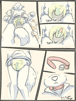 ageplay animal_genitalia animal_penis anthro blush bodily_fluids canine_genitalia clothed clothing collar diaper erection erection_in_diaper fur genital_fluids genitals grope groping_from_behind hair penis penis_squeeze roleplay simple_background smile tail unclean_diaper urine used_diaper wearing_diaper wet wet_diaper wetness_indicator wetting x-ray_view dabblefox 3:4 absurd_res comic digital_media_(artwork) hi_res