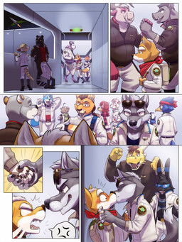 anthro black_nose brown_nose clothing group jacket kissing male male/male text text_on_clothing text_on_jacket text_on_topwear topwear eclipticafusion nintendo star_fox falco_lombardi fox_mccloud miles_(meerkatmiles) sokatak wolf_o'donnell avian bird canid canine canis fox galliform mammal phasianid wolf absurd_res comic hi_res