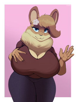 5_fingers accessory anthro big_breasts bottomwear breasts cleavage clothed clothing denim denim_bottomwear denim_clothing dewlap_(anatomy) female fingers flower flower_in_hair freckles gesture hair hair_accessory holding_breast huge_breasts jeans looking_at_viewer pants plant shirt smile smirk solo thick_thighs topwear waving karr_(artist) hazel_(shakotanbunny) domestic_rabbit flemish_giant lagomorph leporid mammal oryctolagus rabbit hi_res