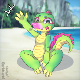 3_toes anthro bald beach black_eyes claws feet gesture green_body happy male pink_body pink_nose sand scales sitting smile solo spikes spikes_(anatomy) toes tongue waving white_sclera yellow_body young gnida_gnid crocodile crocodilian reptile scalie 1:1 hi_res