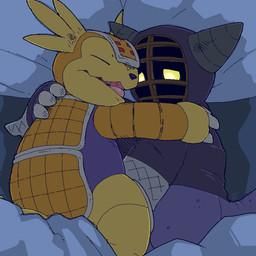 anthro bed convenient_censorship cuddling duo furniture glowing glowing_eyes handjob hug kendo_men_mask male male/male martial_arts_uniform mask penile sex sleep_sex sleeping sports_mask sportswear argon_vile bandai_namco digimon armadillomon digimon_(species) kotemon 1:1 aliasing digital_media_(artwork)