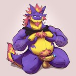 anthro arm_hair balls barazoku body_hair bottomless chest_hair clothed clothing erection facial_hair foreskin genitals goatee hair humanoid_genitalia humanoid_penis kneeling looking_at_viewer male moobs muscular muscular_anthro muscular_male nipple_piercing nipples overweight overweight_anthro overweight_male partially_clothed pecs penis piercing purple_body shirt sideburns smile solo squeezing_pec tail topwear undershirt yellowluster nintendo pokemon score_(padzyan) generation_8_pokemon pokemon_(species) toxtricity 1:1 2025 absurd_res digital_media_(artwork) hi_res