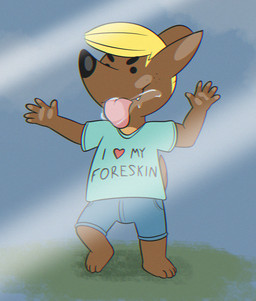 blonde_hair bottomwear brown_body brown_fur clothed clothing fur glass hair licking shirt shorts smug_face tongue topwear young tribaldragon canid canine canis coyote mammal hi_res