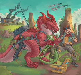 antenna_wire anthro barefoot belt belt_buckle bottle box brown_hair buckle claws clothed clothing cloud colored_nails container countershading crashed_ship detailed_background dialogue digitigrade eyewear eyewear_on_head feet female finger_claws footwear gloves goggles goggles_on_head grass green_body green_scales group gun hair handwear holding_neck holster horn male nails neck_grab open_mouth plant pouch_(clothing) ranged_weapon red_body red_claws red_nails red_scales scales scared shoes smoke spacecraft straps text toe_claws trio vehicle ventral_scales weapon wristband yellow_sclera tilkidud rayna_(tilkidud) human mammal reptile scalie 2025 absurd_res digital_media_(artwork) english_text hi_res