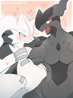 ambiguous_gender anthro blue_eyes blush duo heart_symbol holding_partner hugging_arm male possessive red_eyes romantic romantic_couple simple_background wings ashuperu nintendo pokemon generation_5_pokemon legendary_pokemon pokemon_(species) reshiram zekrom 3:4 absurd_res hi_res