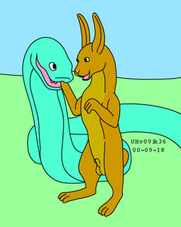 animal_genitalia balls blue_sky day duo feral fur genitals grass green_body green_grass green_scales imminent_oral_vore imminent_vore male male/male outside plant scales sheath sky smile standing talking_to_another urbanhermit lagomorph leporid mammal rabbit reptile scalie snake 2000 colored dated low_res