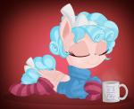 2020 clothed clothed_feral clothing container cozy_glow_(mlp) cup digital_media_(artwork) equid equine eyelashes eyes_closed feathered_wings feathers female feral friendship_is_magic hasbro hi_res legwear mammal my_little_pony mythological_creature mythological_equine mythology pattern_clothing pattern_legwear pegasus smile solo striped_clothing striped_legwear stripes vito wings