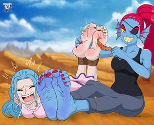anthro blue_body clothed clothing duo feet female foot_fetish laugh logo open_mouth soles tickle_torture tickling tickling_feet toes badash01 one_piece undertale undertale_(series) nefertari_vivi undyne animal_humanoid aquatic aquatic_humanoid fish fish_humanoid human humanoid mammal hi_res