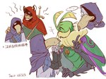 anthro beak clothed clothing ellipsis feathers gloves group handwear hood looking_at_viewer male melee_weapon obscured_face simple_background sword text trio weapon winged_arms wings crystaltaco7 foretales leo_(foretales) noctomoth_(foretales) volepain_(foretales) arthropod avian bird felid insect lepidopteran mammal moth pantherine pelecaniform shoebill tiger 2025 chinese_text digital_media_(artwork) hi_res translation_request