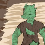 1:1 2014 anthro athletic bed blood bodily_fluids digital_media_(artwork) dirty dried_blood eyes_closed fen_(lagotrope) furniture green_body green_skin horn inside kobold lagotrope lizard lying male on_back on_bed outline reptile resting scalie solo story story_at_source story_in_description tgchan wounded