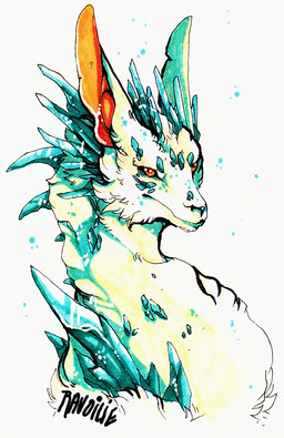 anthro big_ears biped blue_body blue_scales crystal fur notched_ear nude orange_sclera red_eyes scales simple_background solo spines white_background white_body white_fur yellow_body ravoilie mythology dragon furred_dragon furred_scalie mythological_creature mythological_scalie scalie 2015 bust_portrait portrait restricted_palette signature traditional_media_(artwork)