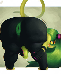 anthro anus balls bent_over big_anus big_balls big_butt black_body blue_eyes bodily_fluids butt foreskin genital_fluids genitals green_anus green_body green_hair green_penis gynomorph hair holding_penis huge_butt intersex lips long_hair nipples penis pink_nipples precum solo tail thick_lips heavenkahell sega sonic_the_hedgehog_(series) the_deadly_six zeena zeti zeti_(species) hi_res