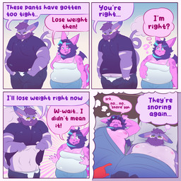 4_panel_comic anthro beard breasts clothing dialogue dream duo facial_hair female humor male nightmare overweight overweight_anthro overweight_female overweight_male shirt sleeping speech_bubble tank_top text topwear wings tentabat nintendo pokemon pk_(tentabat) tenta_(tentabat) bat generation_4_pokemon mammal pokemon_(species) purugly 2025 comic digital_media_(artwork) english_text hi_res meme
