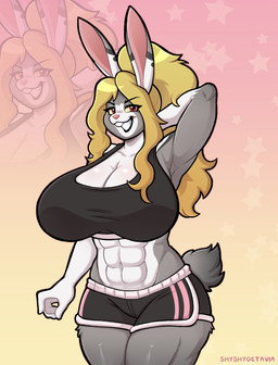 abs anthro athletic_wear big_breasts biped black_bottomwear black_bra black_clothing black_gym_shorts black_shorts black_sports_bra black_underwear blowup_background bottomwear bra breasts buckteeth cleavage clothed clothed_anthro clothed_female clothing countershade_breasts countershade_face countershade_torso countershading female female_anthro fur glistening glistening_breasts glistening_thighs gloves_(marking) gradient_background grey_body grey_fur gym_bottomwear gym_shorts hair hand_behind_head huge_breasts long_hair looking_at_viewer markings multicolored_body multicolored_fur muscular muscular_anthro muscular_female navel pink_background red_eyes shorts simple_background smile smiling_at_viewer solo sports_bra tail teeth text thick_thighs underwear white_body white_countershading white_fur wide_hips yellow_background shyshyoctavia lagomorph leporid mammal rabbit 2026 artist_name digital_drawing_(artwork) digital_media_(artwork) hi_res