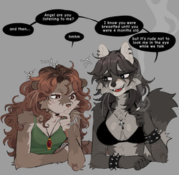 5_fingers anthro biped bra breasts brown_body brown_fur brown_hair brown_tail cigarette claws clothed clothed_anthro clothed_female clothing countershade_fur countershade_torso countershading dialogue duo female finger_claws fingers front_view fur grey_body grey_fur grey_hair grey_tail hair holding_object jewelry necklace open_mouth simple_background smoke speech_bubble tail teeth text tongue topwear underwear raccoattack angel_(raccoattack) racc_(raccoattack) mammal mustelid otter procyonid raccoon 2025 digital_drawing_(artwork) digital_media_(artwork) english_text hi_res