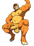 analon_(artist) anthro bodily_fluids bowser claws fangs genital_fluids genitals green_body green_scales hair male mario_bros muscular muscular_male nintendo orange_body orange_scales penis precum red_hair scales simple_background sitting smile solo teeth vein veiny_penis white_background yellow_body yellow_scales