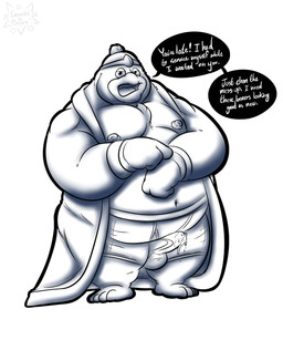 anthro balls_outline barefoot beak belly bodily_fluids bottomwear boxer_briefs bulge clothed clothing cum cum_drip cum_in_clothing cum_in_underwear cum_through_clothing cum_through_underwear detailed_bulge dialogue dripping erection erection_under_clothing feet genital_fluids genital_outline gloves handwear looking_at_viewer male moobs navel nipples non-mammal_nipples open_beak open_clothing open_mouth open_robe overweight overweight_anthro overweight_male penis_outline robe simple_background solo speech_bubble talking_to_viewer tenting text tongue underwear underwear_fetish wet wet_clothing wet_underwear white_background gorochuinboxers kirby_(series) nintendo king_dedede avian bird penguin 2026 5:6 absurd_res digital_drawing_(artwork) digital_media_(artwork) hi_res sketch