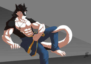 abs anthro biceps big_muscles black_body black_fur black_hair blue_eyes bottomwear claws clothed clothing dog_tags fur grey_background hair looking_at_viewer male muscular muscular_anthro muscular_male pants pecs simple_background smile solo tail topless white_body white_fur fallout microsoft discordnight mammal sergal hi_res