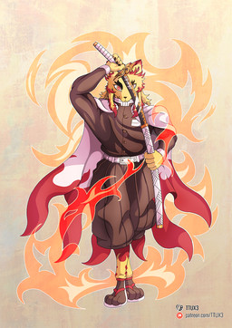 anthro cape clothing fire male melee_weapon muscular muscular_male solo sword text weapon ttux3 demon_slayer kyojuro_rengoku canid canine fox mammal hi_res url