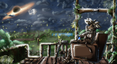 anthro black_hole cloud environment gun male night ranged_weapon shotgun sitting solo text weapon xelhex canid canine canis mammal wolf english_text hi_res