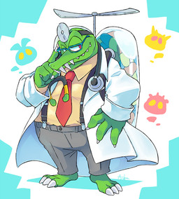 anthro backpack barefoot bloodshot_eyes claws clothing eyewear feet glasses male necktie solo ajuka donkey_kong_(series) nintendo king_k._rool kremling scalie 2019