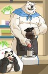 anthro apron belly beverage black_body black_fur blush bodily_fluids clothing coffee cum cum_in_a_cup cum_in_container cum_in_food duo eyes_closed food fur genital_fluids genitals humanoid_genitalia humanoid_hands humanoid_penis kemono male male/male musclegut muscular overweight overweight_male penis tongue tongue_out white_body white_fur kounfuyu shirokuma_cafe panda-kun shirokuma bear giant_panda mammal polar_bear ursine 2020 hi_res